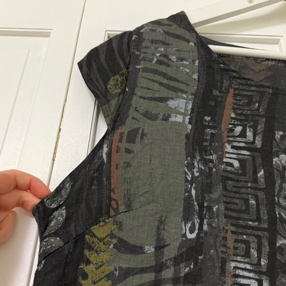 100% Linen TG.U Midi Dress Made in Italy Cap Sleeves Animal Print Small Safari - Picture 3 of 8